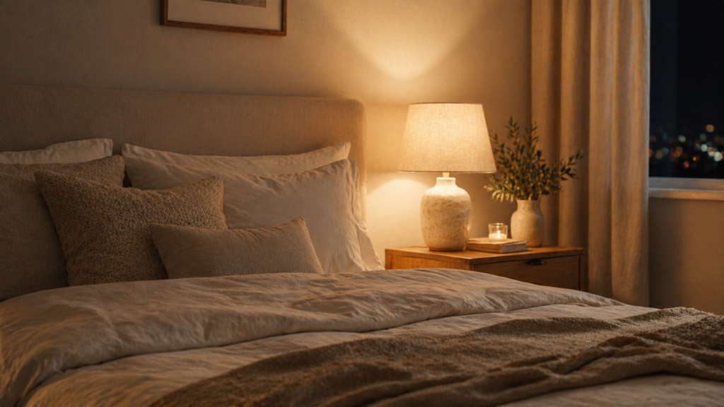 peaceful bedroom at night with warm lighting representing deep sleep and recovery