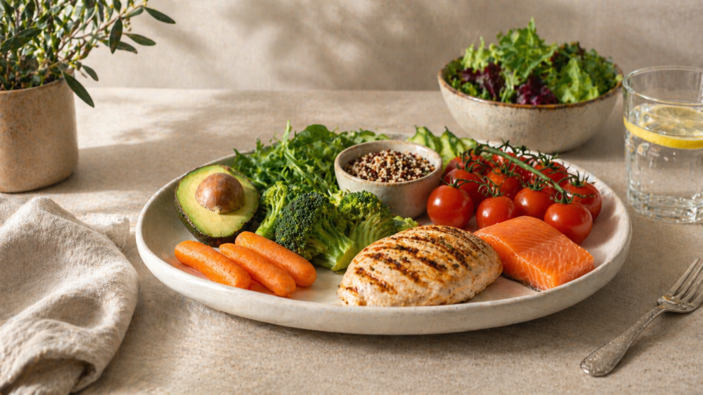 healthy balanced meal with vegetables protein and whole foods in clean setup