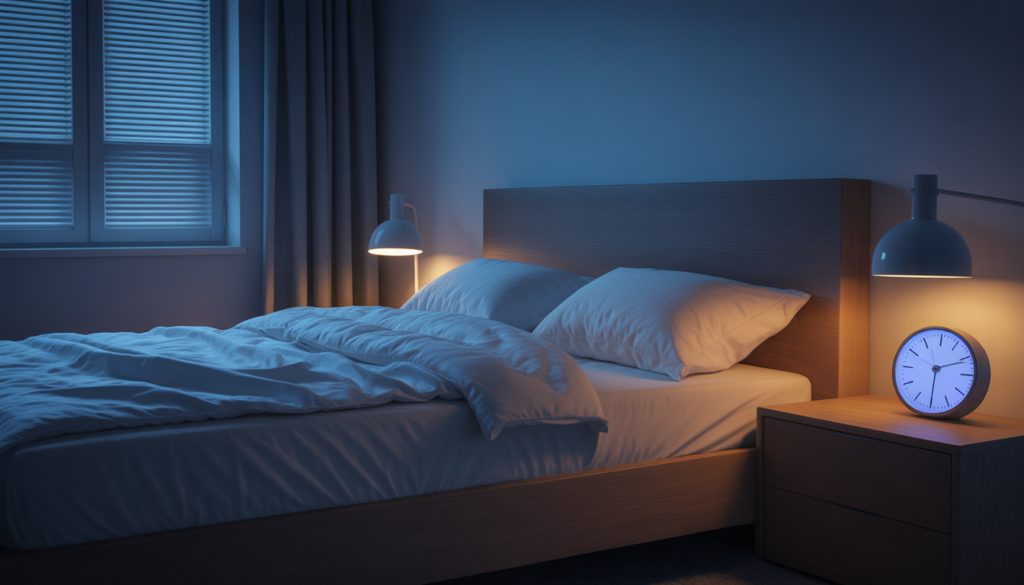 Cozy bedroom with soft blue lighting.