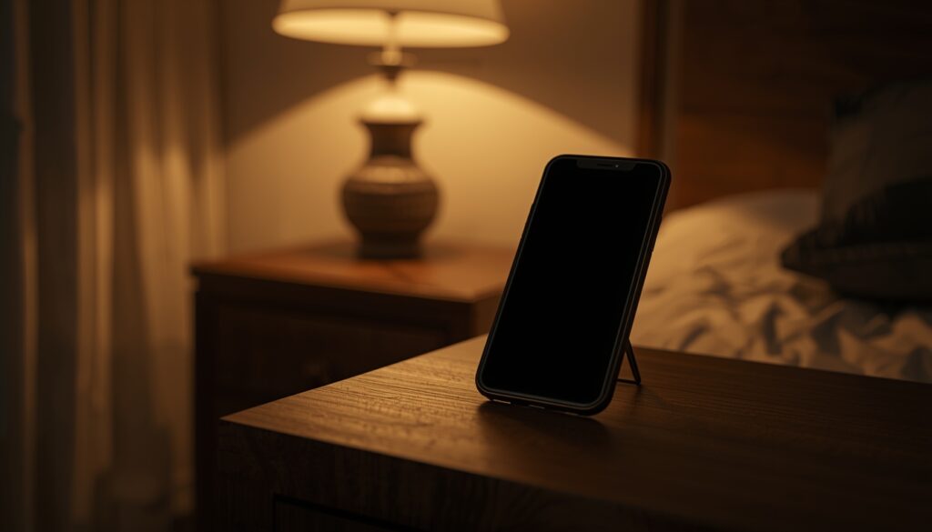 Dark bedroom with phone on table.