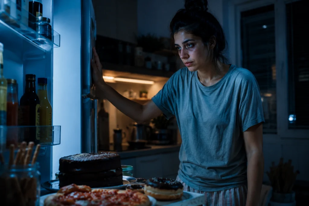 Sleep deprivation causing late-night hunger cravings and unhealthy eating