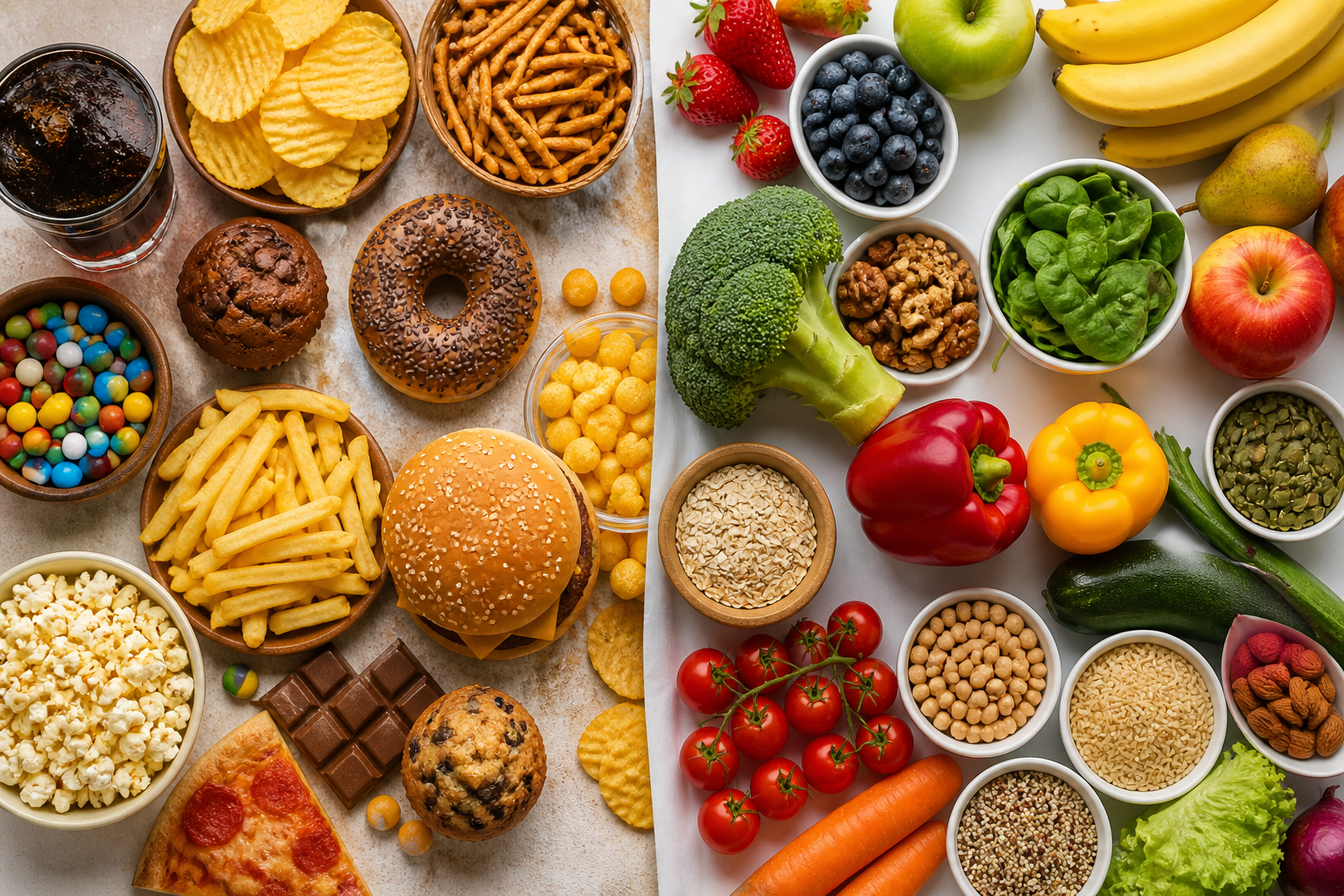 Ultra-processed foods like chips and soda compared with fresh whole foods including fruits, vegetables, and grains in a split composition
