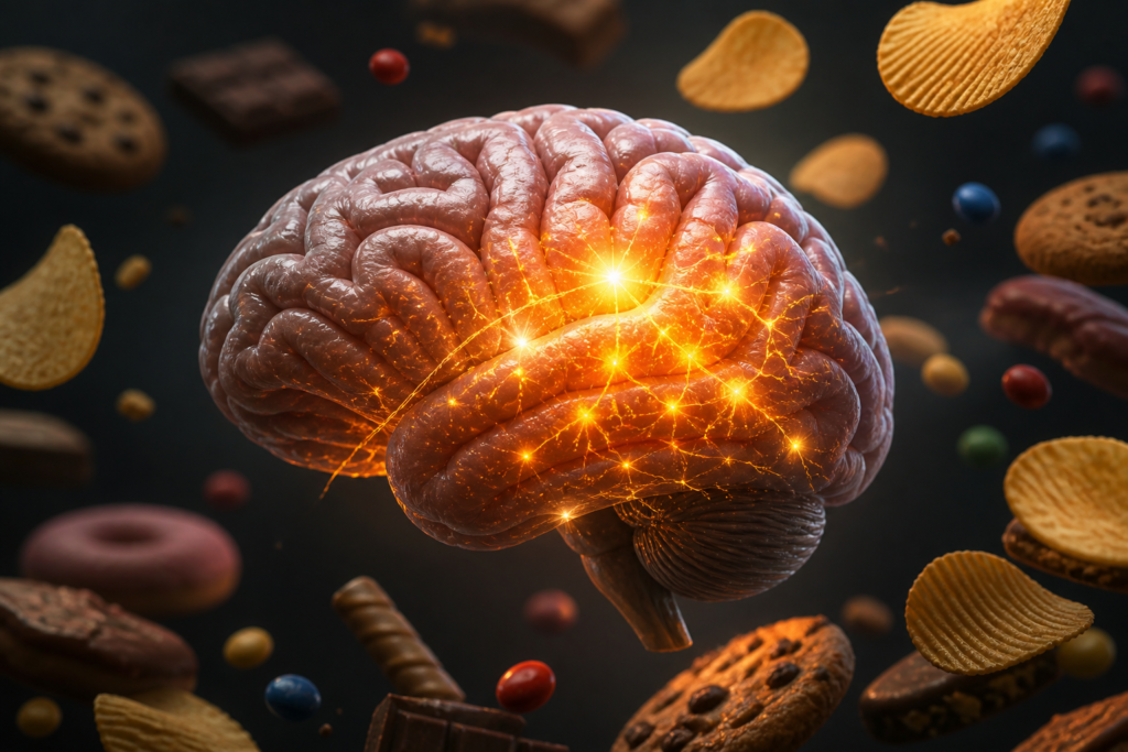 Human brain reacting to junk food with glowing dopamine effect surrounded by processed snacks like chips and candy