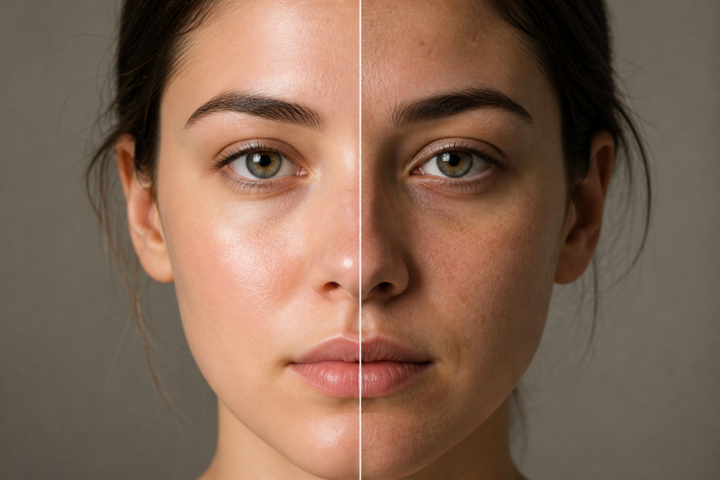 Split face showing clear glowing skin from healthy diet compared to dull tired skin caused by unhealthy eating habits