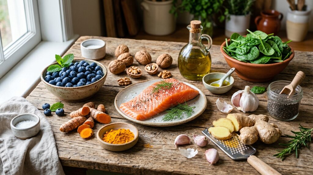 Anti-inflammatory foods including berries, salmon, leafy greens and spices