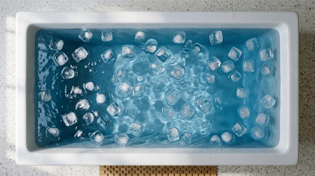 Overhead ice bath water — the cold plunge itself
