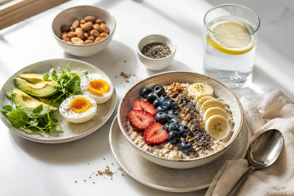 healthy balanced breakfast with oats, fruits and yogurt on a white table for nutrition diet concept