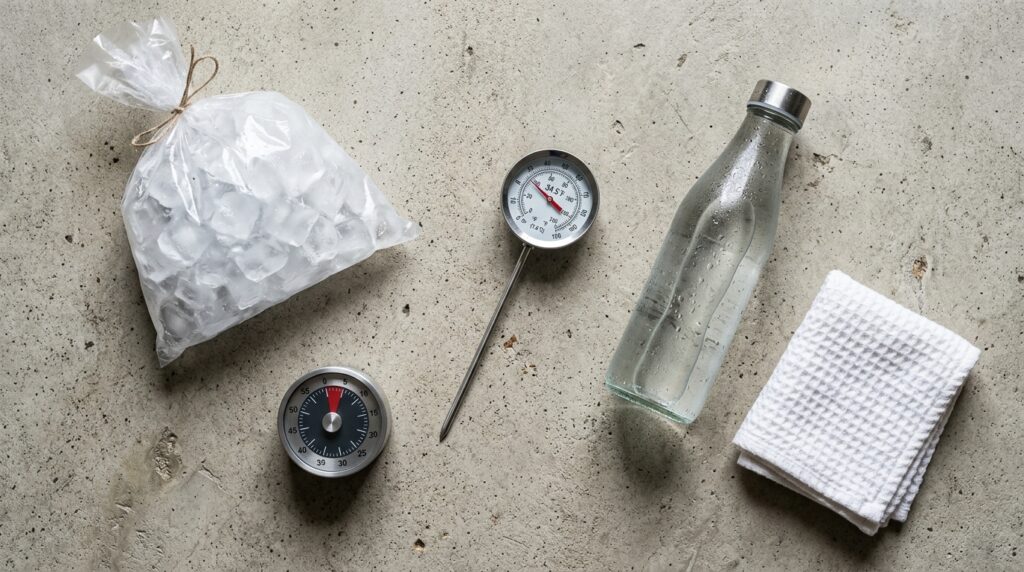 Home cold plunge essentials flat lay — practical and clean