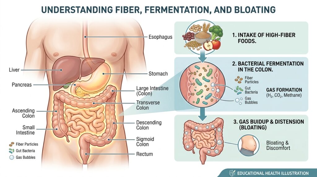 Human digestive system showing fermentation and gas formation from high fiber foods