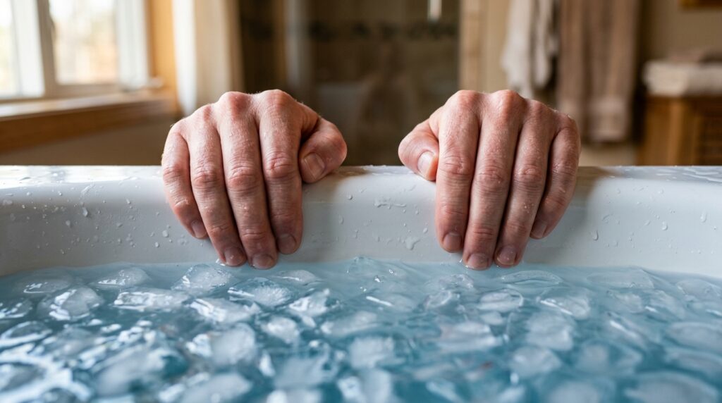 Hands gripping bathtub — raw tension and shock