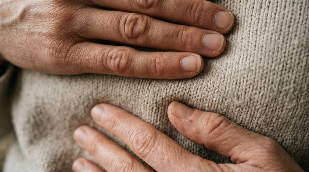 Close-up of chest and hands — showing the physical breathing response
