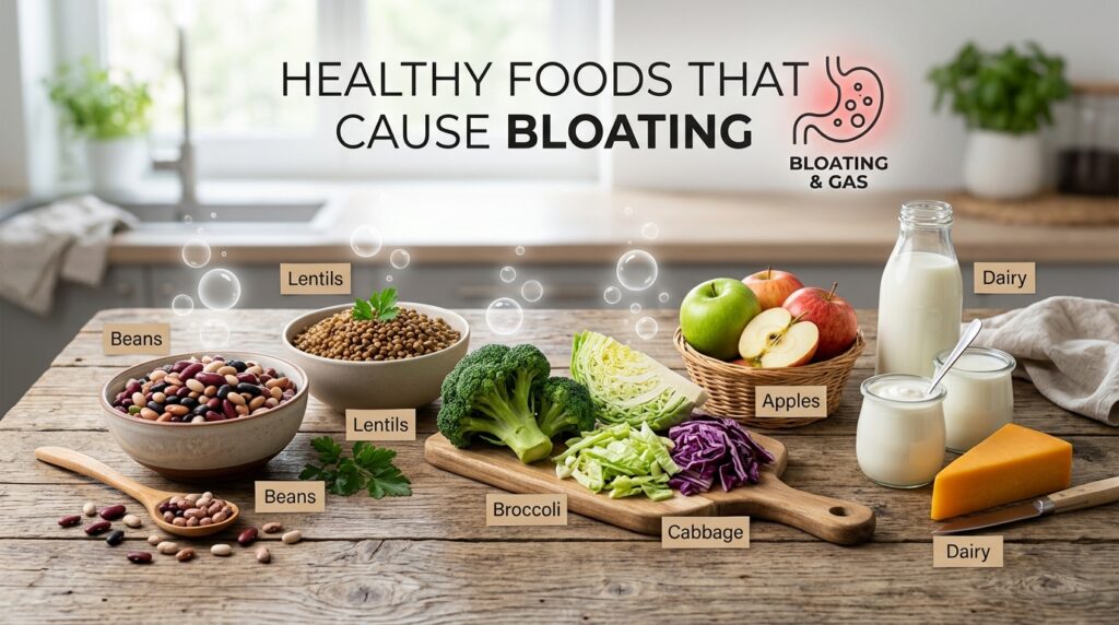 Flat lay of healthy foods such as lentils beans broccoli apples and yogurt that may cause gas and bloating
