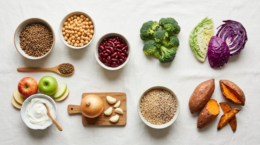 Flat lay of healthy foods such as lentils beans broccoli apples and yogurt that may cause gas and bloating