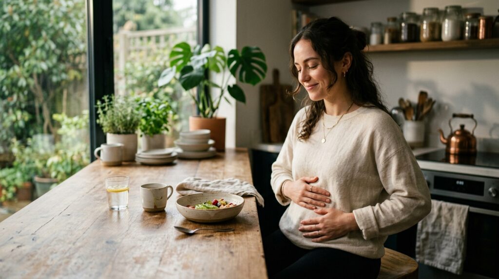 Woman feeling relieved after eating light balanced meal showing reduced bloating and healthy digestion lifestyle