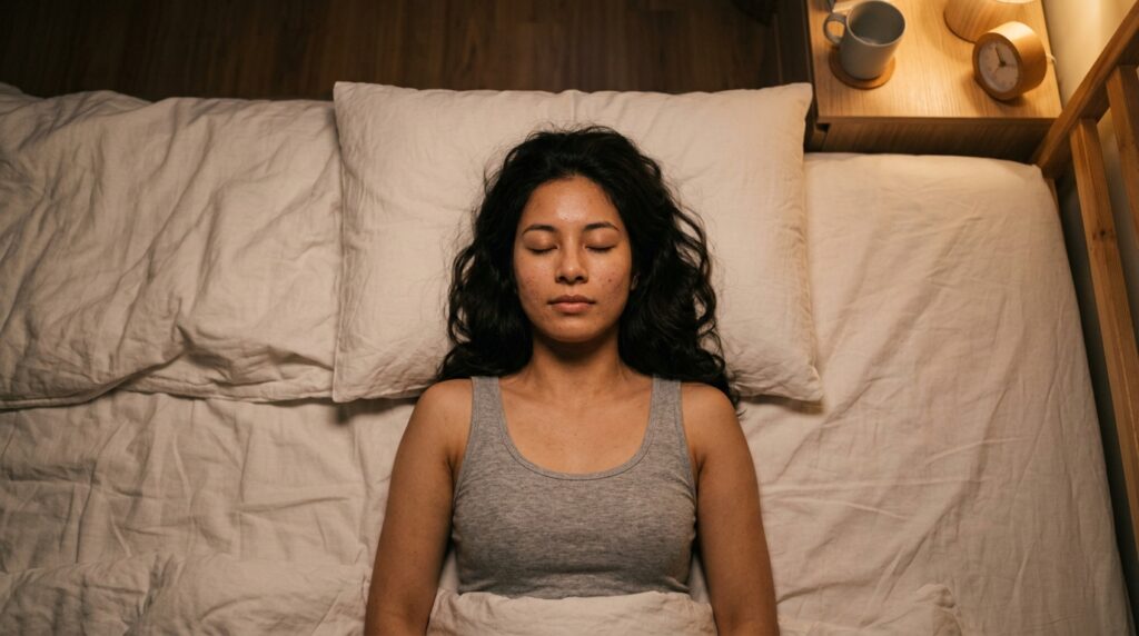 Person doing breathing exercise lying down before sleep