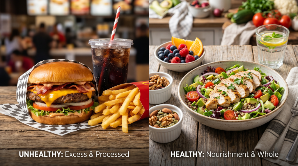 comparison of unhealthy fast food and healthy clean food plate showing diet choices