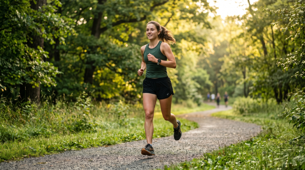 young woman walking outdoors in park for fitness and weight loss healthy lifestyle motivation