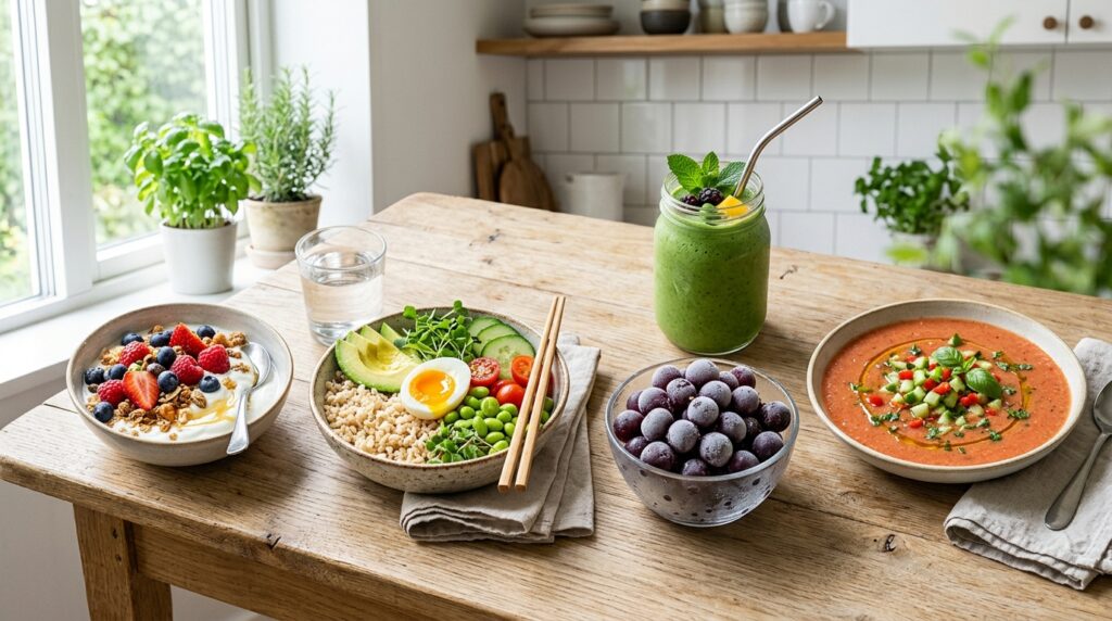 Simple summer meal plan with healthy light foods for people who have low appetite during hot weather.
