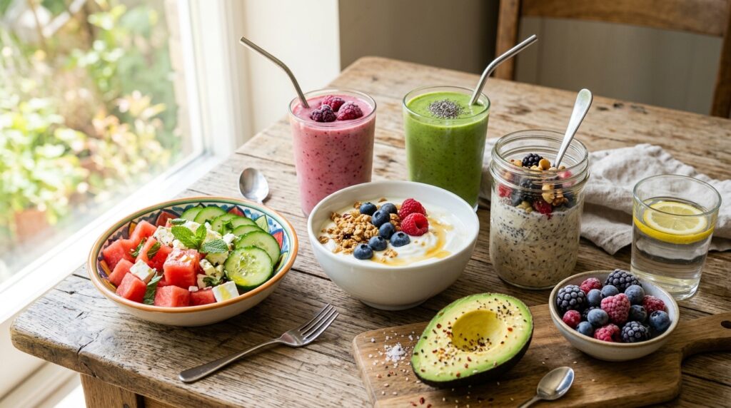 Healthy foods to eat when you have no appetite in summer including yogurt watermelon cucumber smoothies and oats.