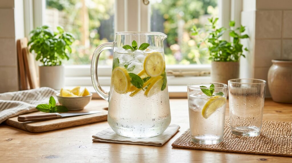 Healthy hydration during summer with cold water lemon electrolytes and refreshing drinks.