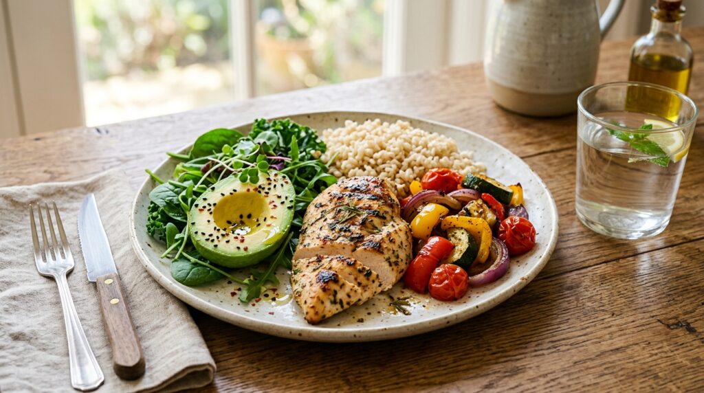 Balanced meal with protein vegetables and whole grains after skipping a meal