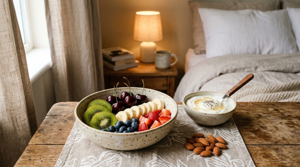 Healthy evening snack with kiwi, banana, berries, Greek yogurt, and almonds