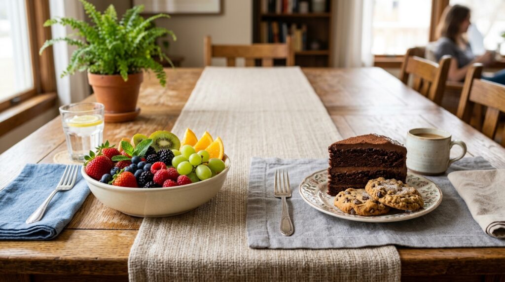 Fresh fruits beside cake and cookies showing the difference between healthy fruit and sugary desserts
