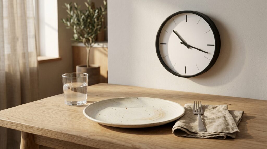 Empty plate showing a skipped meal and long gap between meals