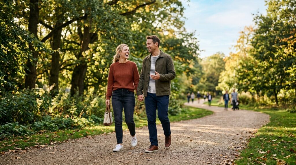 Enjoying a healthy weekend walk while maintaining weight loss habits