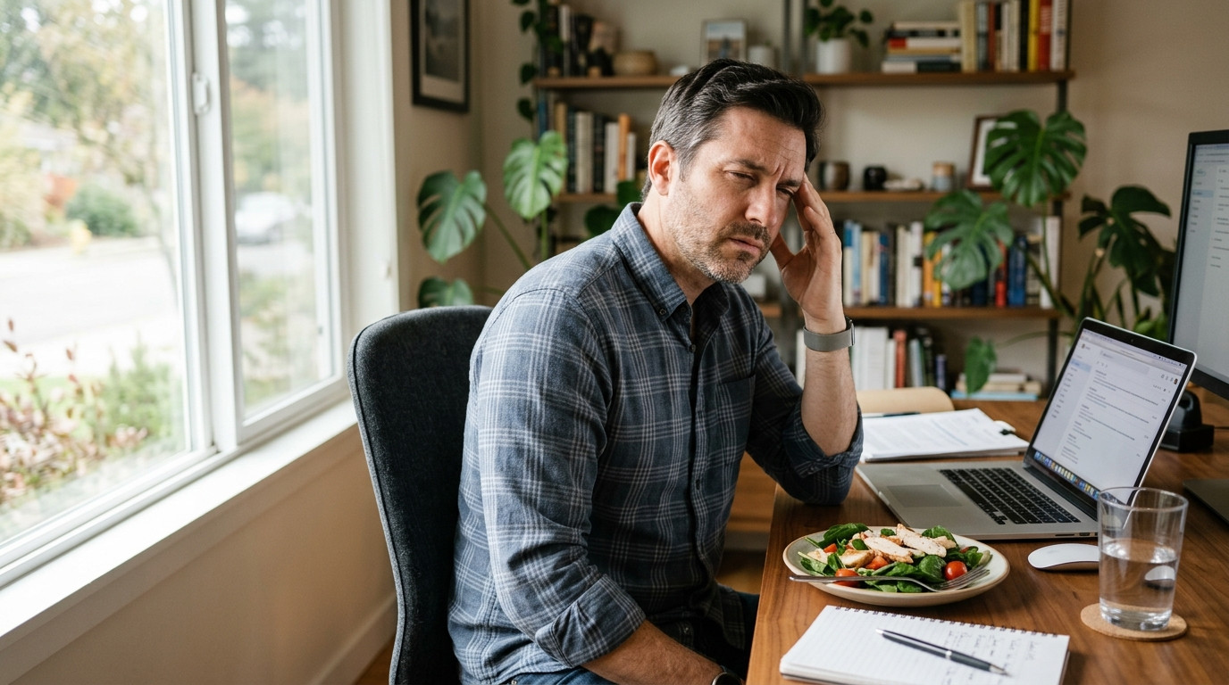 Man with a headache after skipping a meal