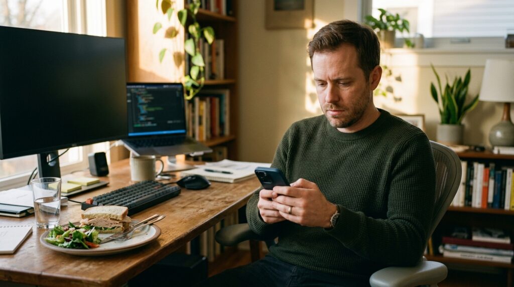 Man with an unfinished lunch plate distracted at his desk