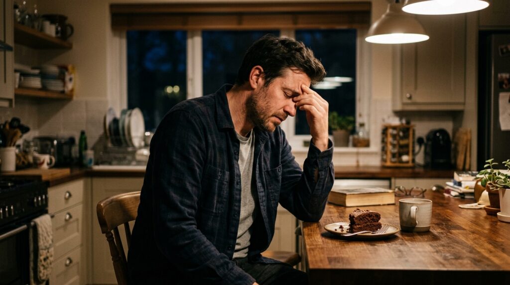 Man feeling stressed in the kitchen with a sweet snack nearby