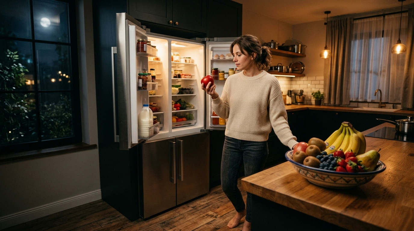 Can you eat fruit at night? Person holding an apple in a kitchen before bedtime