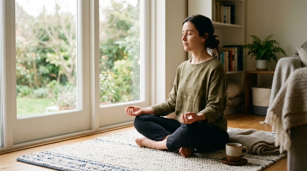 Man sitting calmly by a window practicing relaxation with tea nearby