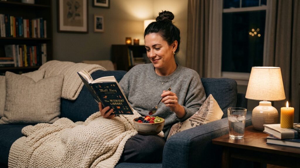 Person enjoying a bowl of fresh fruit as a healthy late-night snack while relaxing at home