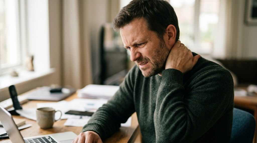 Woman rubbing her tense neck and shoulders from built-up stress