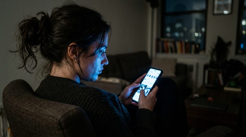 girl scrolling on his phone late at night unable to switch his mind off