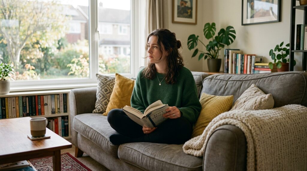 Woman sitting with an unread book feeling guilty about resting