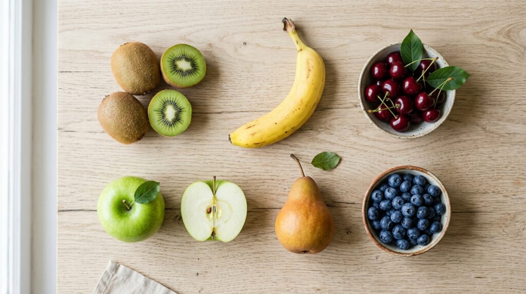 Best fruits to eat at night including kiwi, banana, cherries, apples, pears, and berries