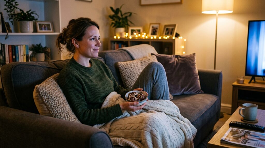 Woman eating dessert on the couch out of nightly habit