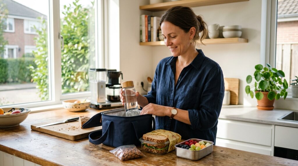 Woman preparing a healthy lunch and water for a busy day