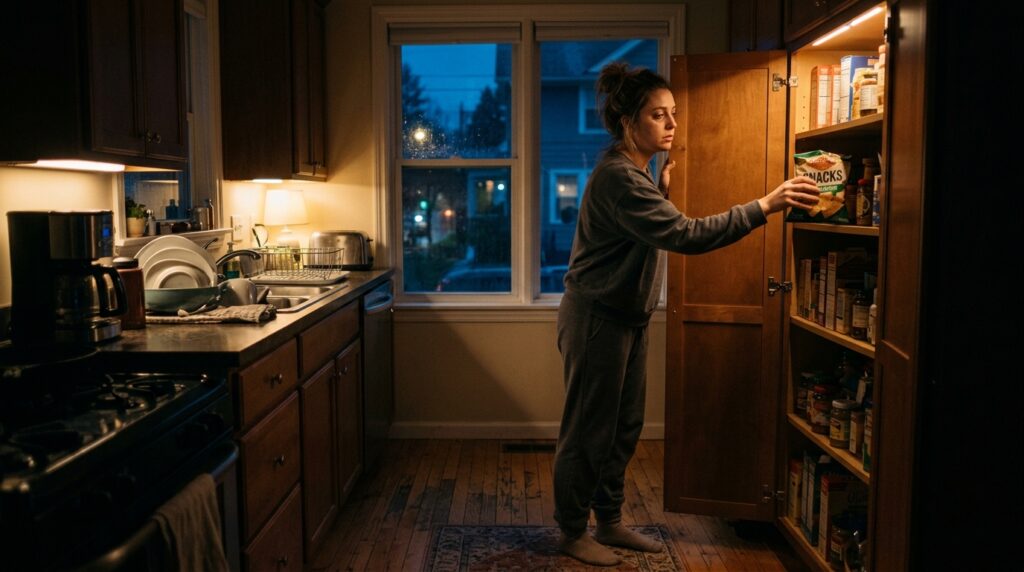 Tired woman reaching for a late-night snack in the kitchen
