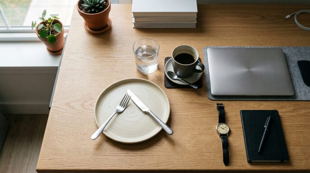 Skipped meal with water and coffee showing common headache triggers