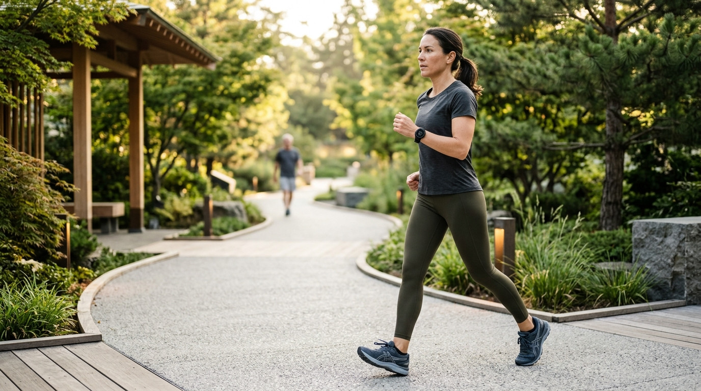 Japanese walking interval exercise with brisk walking outdoors