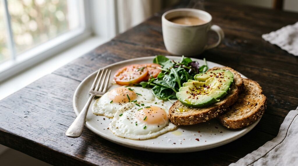 Healthy breakfast ideas for weight gain with oatmeal, eggs, avocado, yogurt and smoothie
