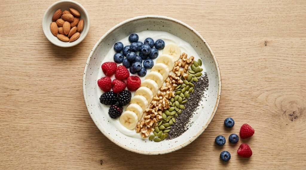 Greek yogurt bowl with fruit nuts and seeds for weight gain
