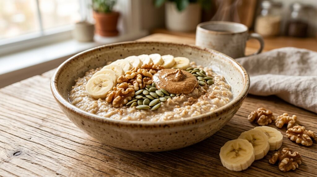 Oatmeal with banana nuts and nut butter for healthy weight gain
