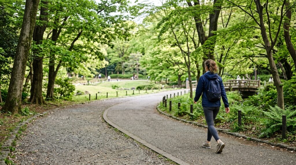 person practicing Japanese walking on a park path