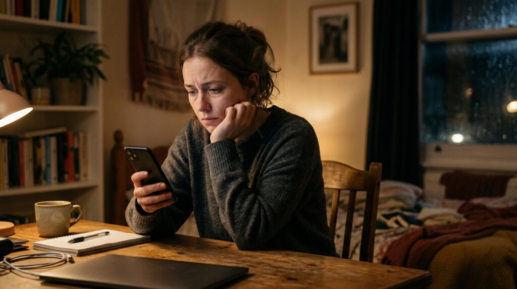 Person stuck repeatedly thinking about a conversation while looking at their phone
