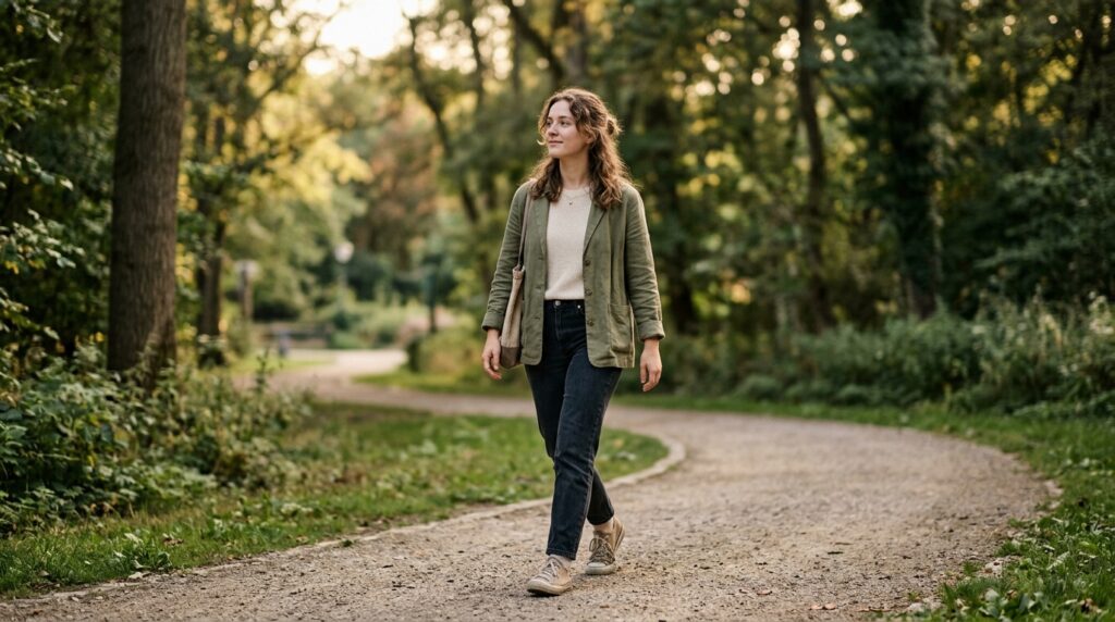 Person taking a walk to refocus on the present moment
